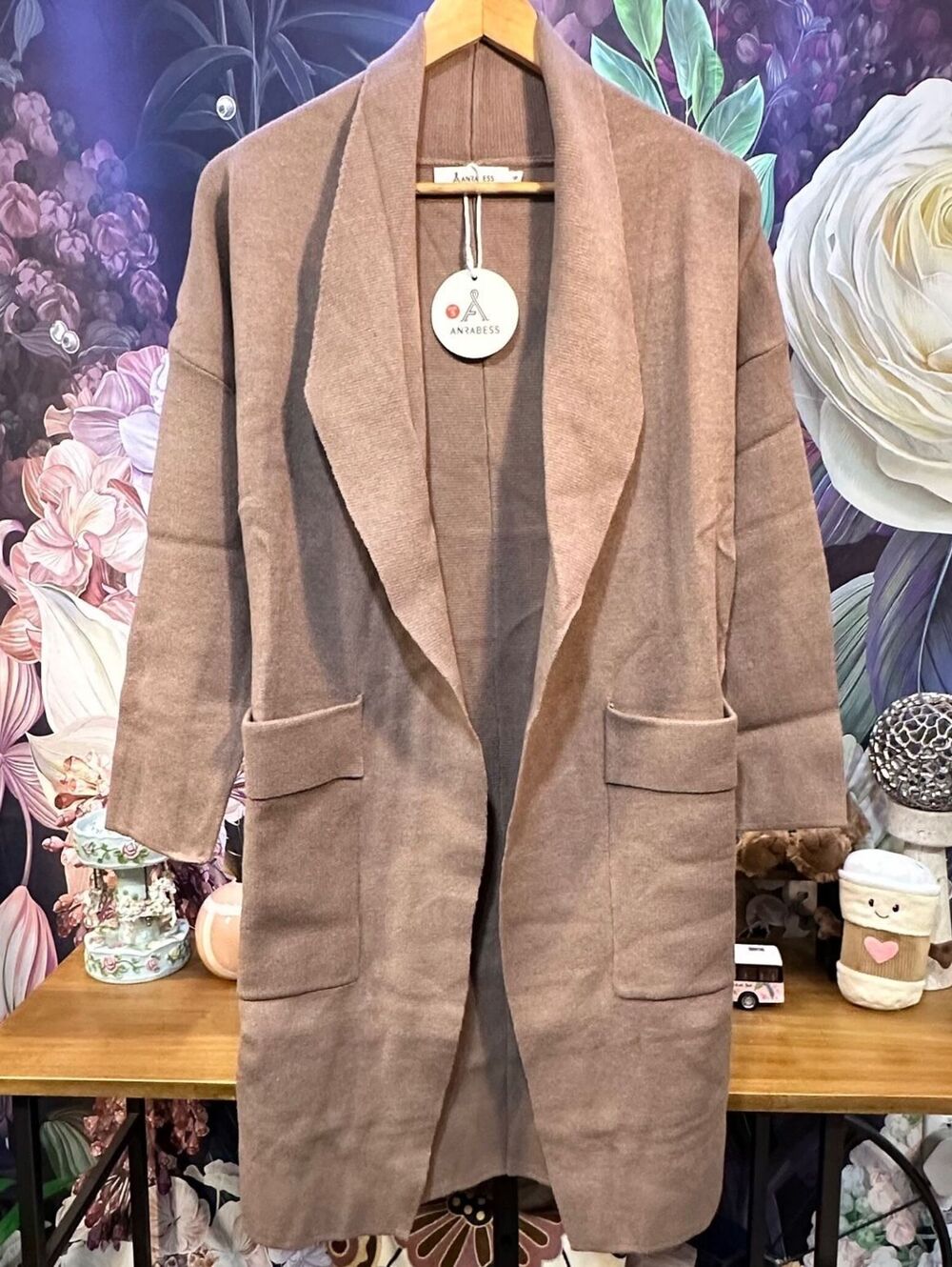 ANRABESS Longline S Coatigan Open Front Cardigan Quiet Luxury Minimalist Tan NWT